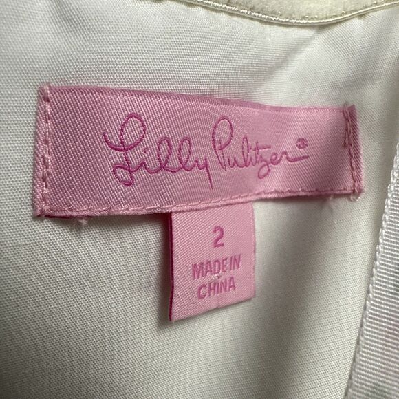 Lilly Pulitzer Strapless Dress Women’s 2 Green Pink Geometric Rosette Cotton - Picture 2 of 7